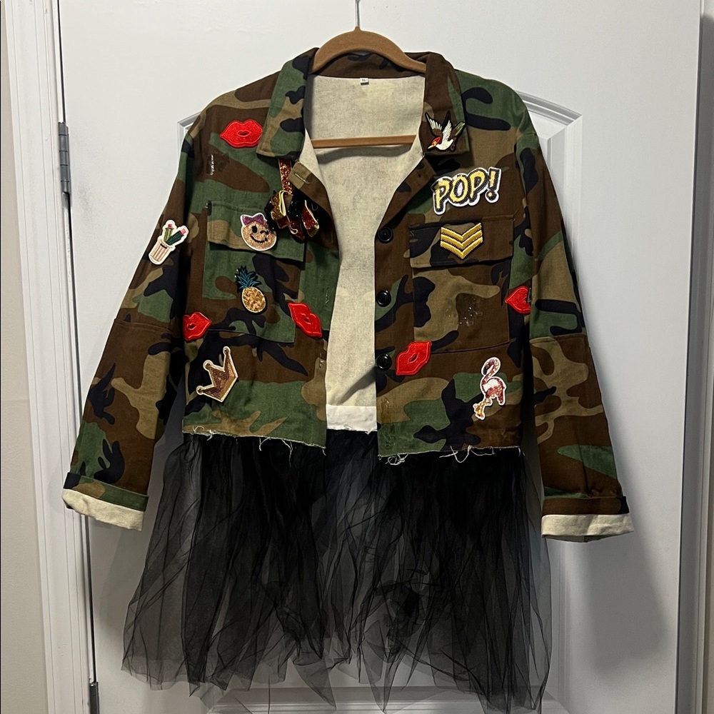 Camouflage Jacket with Black Tulle and Patches